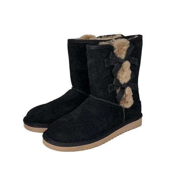 NEW Kookaburra By UGG Victoria Suede Boots SZ 8 Black Shearling Fur Bow Winter - Picture 2 of 11